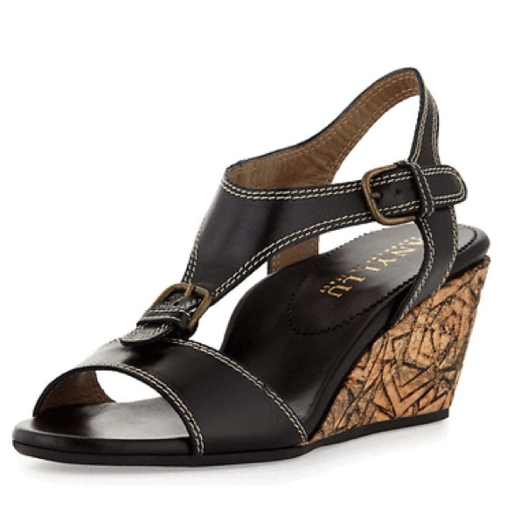ANYI LU ‘Lolita’ Cork Wedge Black Leather Sandal